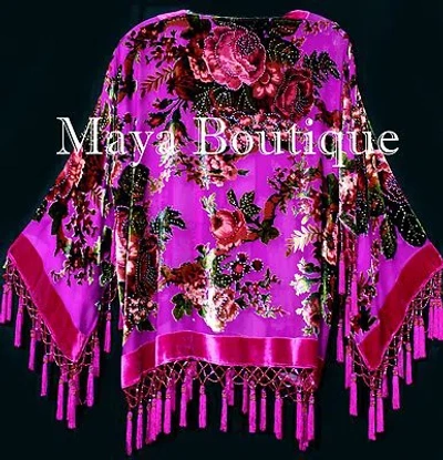 Pre-owned Maya Matazaro Pink Gypsy Rose Jacket Short Kimono Beaded Silk Burnout Velvet  Usa In Pink Multi
