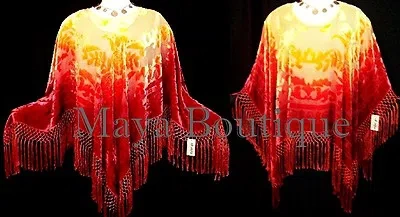 Pre-owned Maya Matazaro Poncho Shawl Top Hand Dye Red & Gold Ombre Silk Burnout Velvet  Usa