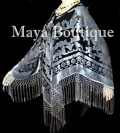 Pre-owned Maya Matazaro Poncho Shawl Top With Fringe Silver Gray Black Burnout Velvet  Usa