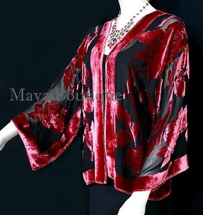Pre-owned Maya Matazaro Poppy Red Silk Burnout Velvet Jacket Short Kimono Style No Fringe  In Poppy Red & Black