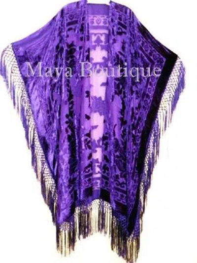 Pre-owned Maya Matazaro Purple Caftan Duster Fringe Jacket Kimono Opera Coat Burnout Velvet Maya Plus