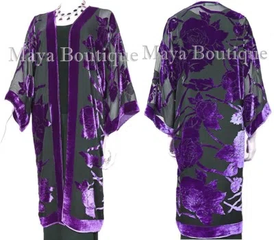 Pre-owned Maya Matazaro Purple Long Kimono Jacket Silk Burnout Velvet No Fringe  Hand Dyed In Purple & Black