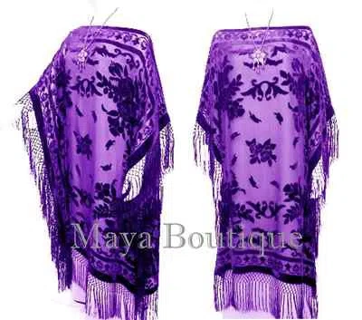 Pre-owned Maya Matazaro Purple Silk Burnout Velvet Caftan Dress Duster Fringe Kimono  Usa