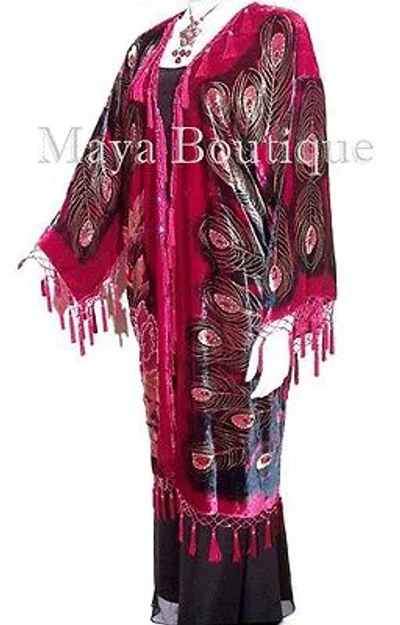 Pre-owned Maya Matazaro Red Beaded Peacock Duster Kimono Opera Coat Silk Velvet