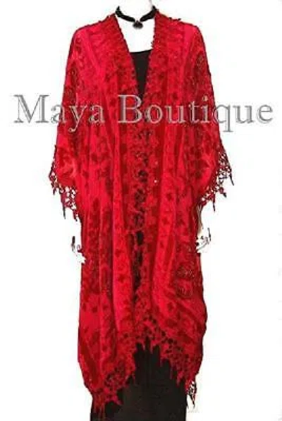 Pre-owned Maya Matazaro Red Burnout Velvet & Lace Kimono Caftan Jacket Duster