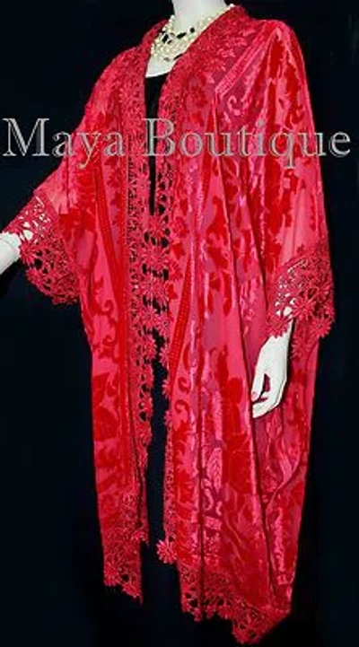 Pre-owned Maya Matazaro Red Lace & Burnout Velvet Kimono Caftan Jacket Duster  Plus