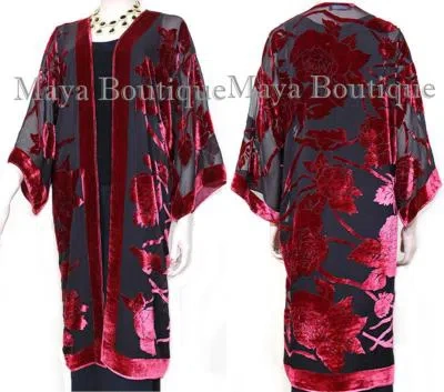 Pre-owned Maya Matazaro Red Long Kimono Jacket Silk Burnout Velvet No Fringe  Hand Dyed Usa In Red & Black