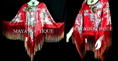 Pre-owned Maya Matazaro Red Silk Poncho Top Painted Dancing Fringes