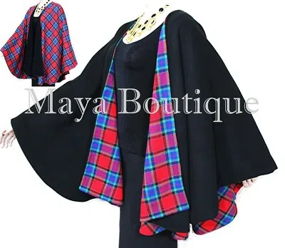 Pre-owned Maya Matazaro Reversible Cape Ruana Wrap Coat Black Plaid Cashmere Wool Usa Made  In Black & Red Plaid