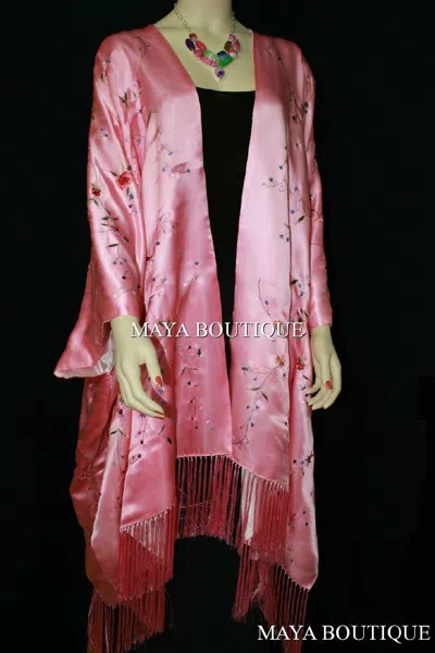 Pre-owned Maya Matazaro Rose Pink Embroidered Silk Kimono Caftan Duster Opera Coat  Plus