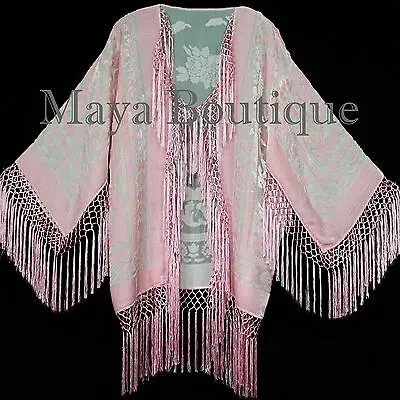Pre-owned Maya Matazaro Rose Quartz Silk Burnout Velvet Fringe Jacket Short Kimono Us Made