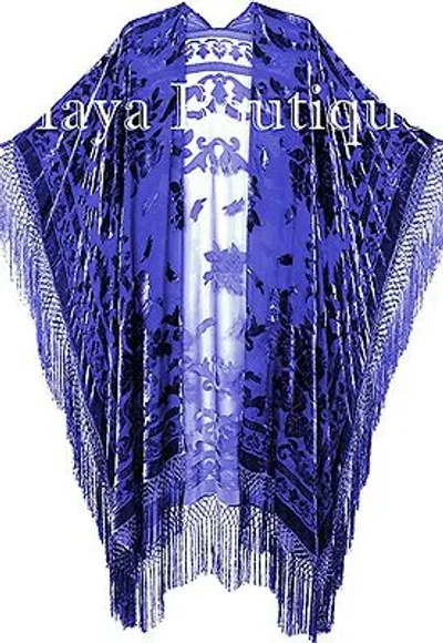Pre-owned Maya Matazaro Royal Blue Caftan Duster Kimono Opera Coat Silk Burnout Velvet