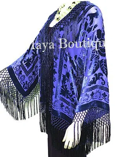 Pre-owned Maya Matazaro Royal Blue Short Flapper Fringe Jacket Kimono Silk Burnout Velvet Maya Jacket