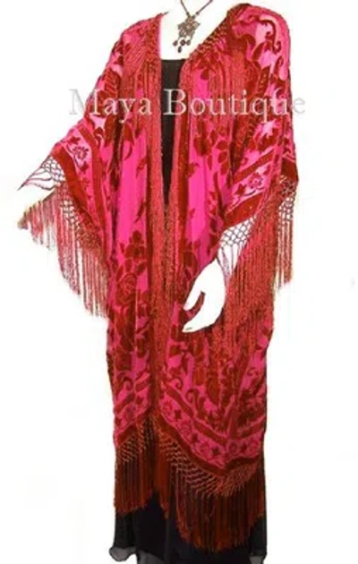Pre-owned Maya Matazaro Scarlet Red Kimono Opera Coat Caftan Duster Silk Burnout Velvet