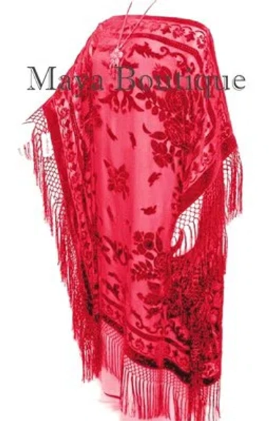Pre-owned Maya Matazaro Scarlet Red Silk Burnout Velvet Caftan Dress Duster Kimono Fringe