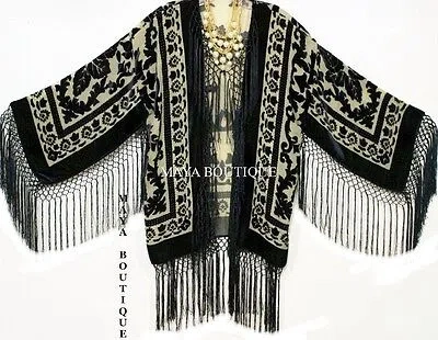 Pre-owned Maya Matazaro Silk Burnout Velvet Fringe Jacket Kimono Bolero Beige & Black Usa