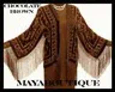 Pre-owned Maya Matazaro Silk Burnout Velvet Fringe Jacket Kimono Bolero Chocolate Brown