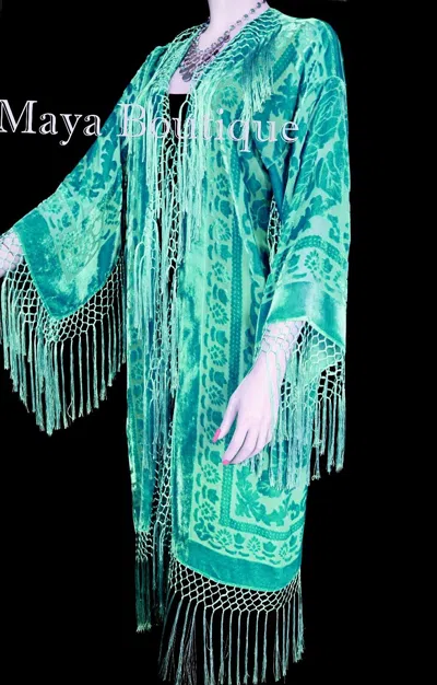 Pre-owned Maya Matazaro Silk Burnout Velvet Fringes Jacket Kimono Long Coat Tiffany Mint