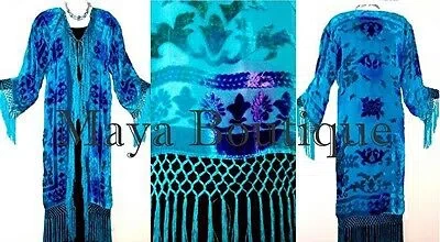 Pre-owned Maya Matazaro Silk Burnout Velvet Fringes Jacket Kimono Turquoise Blues Tye Dyed Maya Jackets