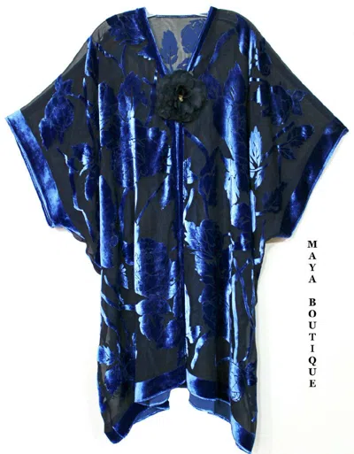 Pre-owned Maya Matazaro Silk Burnout Velvet Jacket Kimono Duster Blue & Black No Fringe