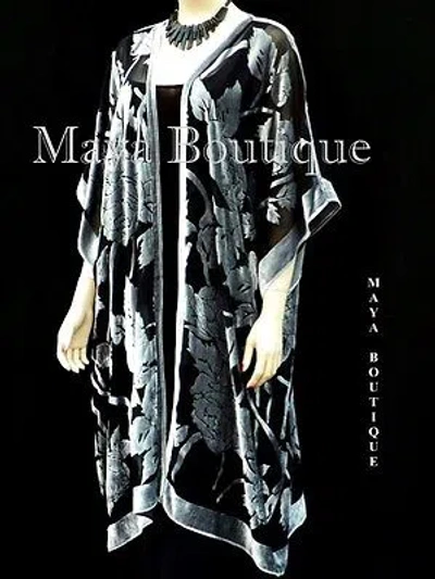 Pre-owned Maya Matazaro Silk Burnout Velvet Jacket Kimono Duster Silver Black No Fringe