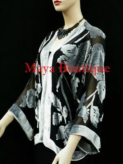 Pre-owned Maya Matazaro Silk Burnout Velvet Jacket Kimono Short Silver Black No Fringe  In Silver Gray & Black
