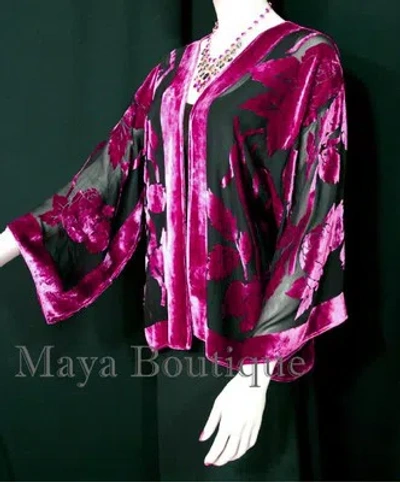 Pre-owned Maya Matazaro Silk Burnout Velvet Jacket Short Kimono Raspberry Black No Fringe