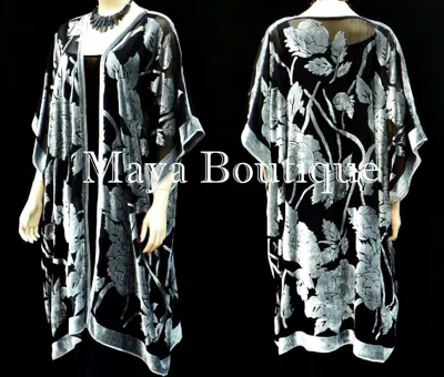 Pre-owned Maya Matazaro Silk Burnout Velvet Opera Coat Kimono Silver Black No Fringe Usa