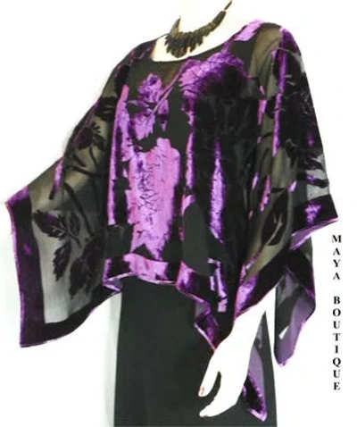 Pre-owned Maya Matazaro Silk Burnout Velvet Poncho Kimono Top Amethyst & Black No Fringe