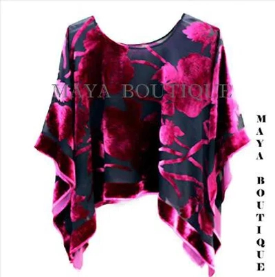 Pre-owned Maya Matazaro Silk Burnout Velvet Poncho Kimono Top Raspberry & Black No Fringe