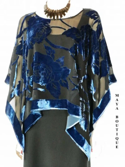 Pre-owned Maya Matazaro Silk Burnout Velvet Poncho Kimono Top Sapphire & Black No Fringe