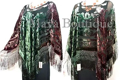 Pre-owned Maya Matazaro Silk Burnout Velvet Poncho Shawl Top Hand Dye Brown Green Ombre