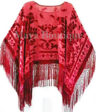 Pre-owned Maya Matazaro Silk Burnout Velvet Poncho Top Fringe Piano Shawl Wrap True Red