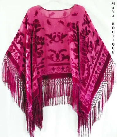 Pre-owned Maya Matazaro Silk Burnout Velvet Poncho Top Fringe Shawl  Magenta In Purple