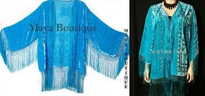 Pre-owned Maya Matazaro Silk Burnout Velvet Silk Short Fringe Jacket Light Turquoise Hand Dyed In Blue
