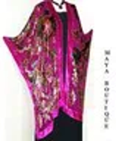 Pre-owned Maya Matazaro Silk Caftan Kimono Jacket Velvet Fuchsia Multi Gypsy Rose No Fringes Maya Usa In Pink