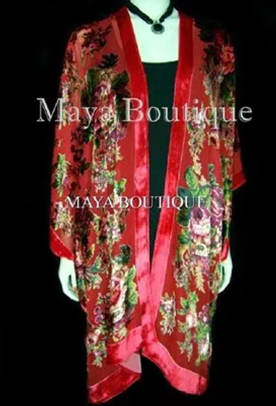 Pre-owned Maya Matazaro Silk Caftan Kimono Jacket Velvet Red Multi Gypsy Rose  Usa Made