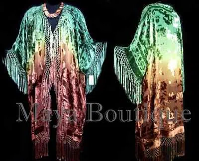 Pre-owned Maya Matazaro Silk Fringe Jacket Kimono Duster Caftan Hand Dyed By  Green Brown