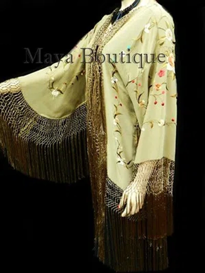 Pre-owned Maya Matazaro Silk Fringe Jacket Kimono Flapper Coat Embroidered Light Olive