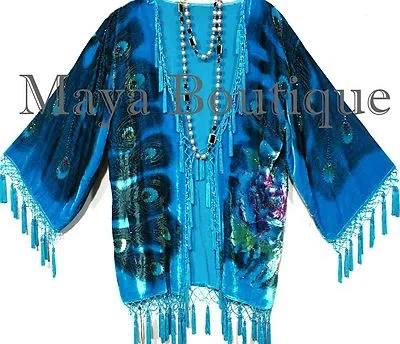Pre-owned Maya Matazaro Silk Velvet Jacket Kimono Short Beaded Peacock Turquoise Maya Jacket Usa Made In Turquoise Multi