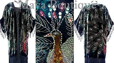 Pre-owned Maya Matazaro Silk Velvet Kimono Opera Coat Duster Beaded Black Multi Peacock Maya Boutique In Black Multi-color