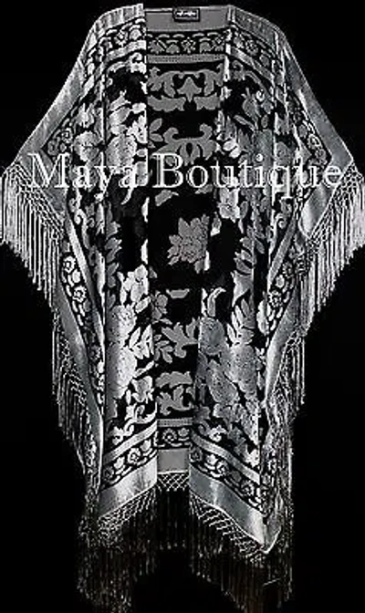 Pre-owned Maya Matazaro Silver Gray Caftan Duster Fringe Jacket Kimono Burnout Velvet