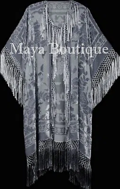 Pre-owned Maya Matazaro Silver Gray Fringe Jacket Kimono Duster Silk Burnout Velvet  Plus