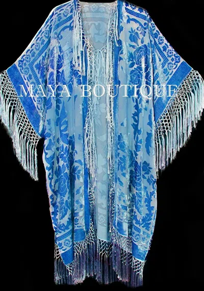 Pre-owned Maya Matazaro Sky Blue Silk Burnout Velvet Fringe Jacket Kimono Duster Plus Usa