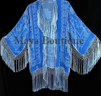 Pre-owned Maya Matazaro Sky Blue Silk Burnout Velvet Fringe Jacket Short Kimono Usa Made
