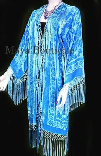 Pre-owned Maya Matazaro Sky Blue Silk Burnout Velvet Fringes Jacket Kimono Long Coat  Usa