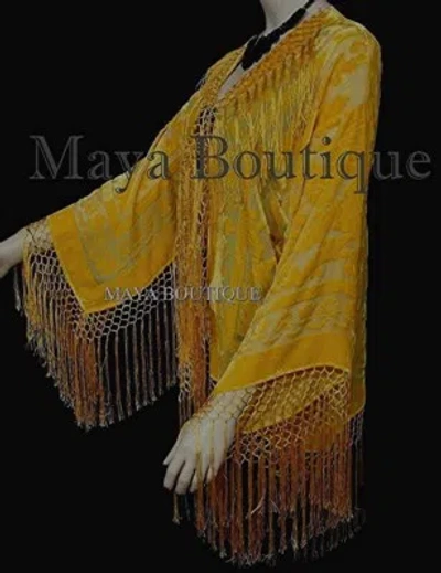 Pre-owned Maya Matazaro Sunflower Yellow Fringe Jacket Kimono Silk Burnout Velvet  Usa Made