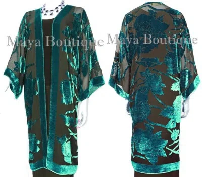 Pre-owned Maya Matazaro Teal Long Kimono Jacket Silk Burnout Velvet No Fringe  Usa Made In Teal & Black