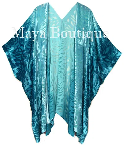 Pre-owned Maya Matazaro Teal Ombre Camellia Burnout Velvet Caftan Kimono Hand Dye