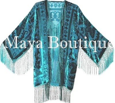 Pre-owned Maya Matazaro Teal Silk Burnout Velvet Fringe Jacket Kimono Short, Hand Dyed  In Blue